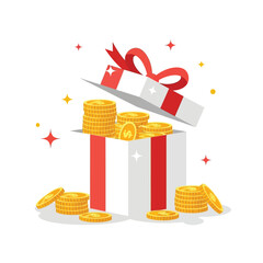 Surprise gift box overflowing with golden coins and sparkles celebrating financial fortune and winning opportunities isolated on transparent background