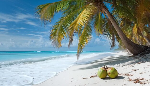 Playa, palmeras, vacaciones, cocos, cocotero, imagen alargada, arena blanca, arena fina, sobra palmera