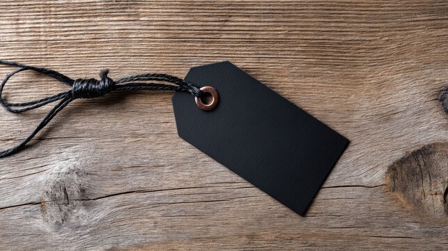 Blank black tag on rustic wooden surface ready for personalization or labeling items for sale or organization