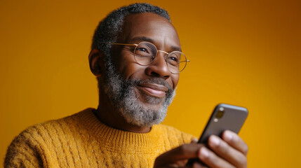 Mature black man uses mobile phone, senior adult reads news on cellphone, grandfather smiles checking social media on smartphone, happy old male holds device, wireless communicatio
