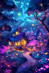 Cozy fairy house in glowing garden under starry night sky, fantasy illustration style