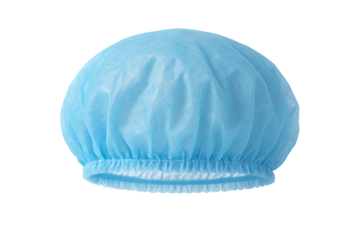 Disposable blue non-woven bouffant cap with an elastic band, an essential piece of hygiene equipment for medical or food service industries, isolated on white