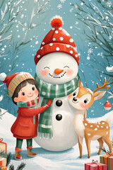 Cute snowman with a child and deer in winter forest, cartoon illustration style