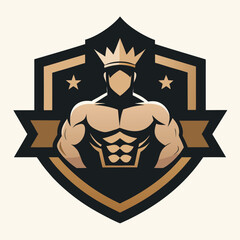 Bodybuilder Crown Stars Crest for Strength - Fitness Gym Logo Design on White Background