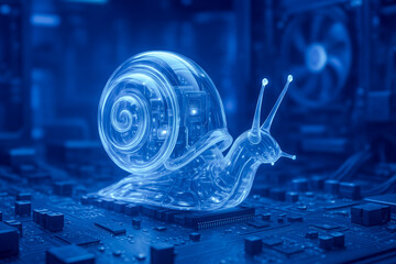 Transparent glowing cyborg snail with internal circuitry, futuristic style, on dark computer motherboard, symbolizing slow technology or system lag. Slow CPU concept