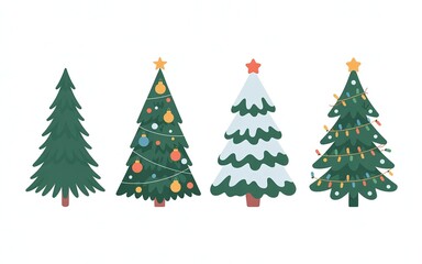 Cute Cartoon Christmas Tree Illustration Set Isolated on White Background