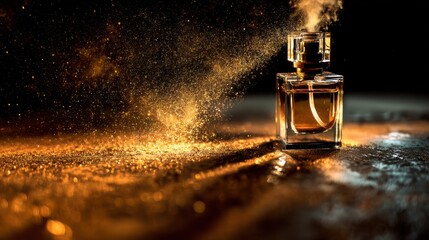 Golden perfume bottle releasing fine mist in a dark setting with dramatic lighting and vibrant color contrasts