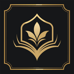 Gold Floral Book Emblem Design on Black Background for Educational and Elegant Branding