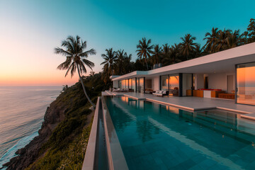 Modern cliffside villa with infinity pool overlooking sunset ocean views tropical paradise