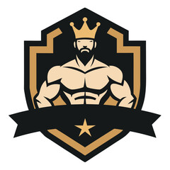 King Strongman Logo with Crown, Beard, and Fitness Body Shield Emblem