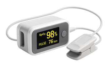 Fingertip pulse oximetry technology showing healthy vital signs of 98% oxygen and 76 bpm pulse, representing home health tracking and wellness