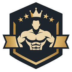 Muscle Man Crown Stars Crest for Gym - Fitness Bodybuilding Logo Design on Black Background