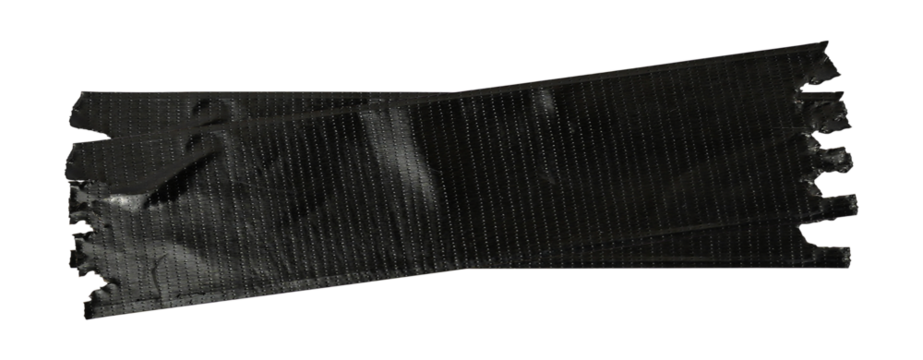 Torn horizontal black glossy sticky tape, Black wrinkled adhesive tape isolated on white background.