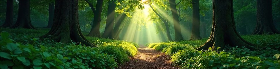 Obraz premium Sunlit Path Winding Through a Deep, Tranquil Forest Lush Greenery, Towering Trees, and a Sense of Mystery