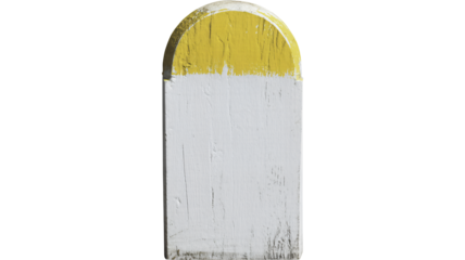 Weathered wooden milestone marker with yellow and white paint texture