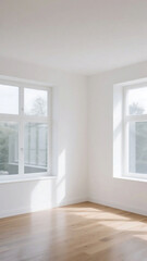 Fototapeta premium An empty room with large windows letting in natural light and a wooden floor, featuring a minimalist and clean interior.