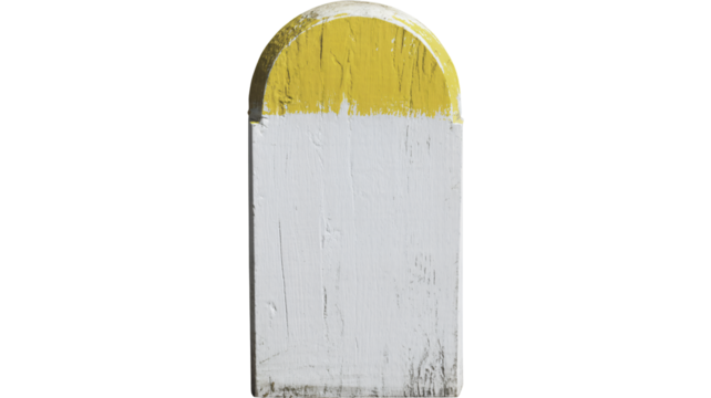 Weathered wooden milestone marker with yellow and white paint texture