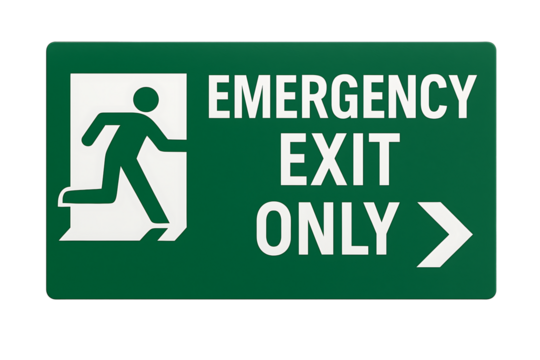 Green emergency exit board with figure moving through door and bold typography, evacuation guidance, isolated on white