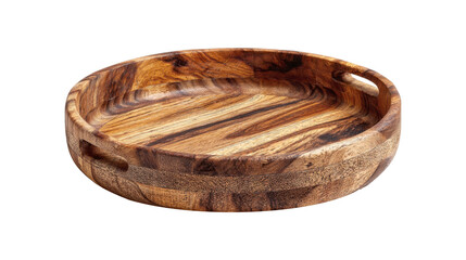 Round round wooden serving tray with carved handles showing rich brown wood grain and texture, rustic handcrafted acacia style kitchenware isolated on transparent background