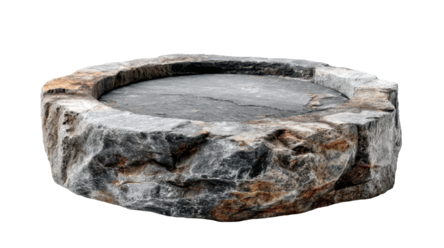 Round natural stone pedestal showcasing a rough, textured surface, providing a perfect plinth or podium for displaying objects with its transparent background
