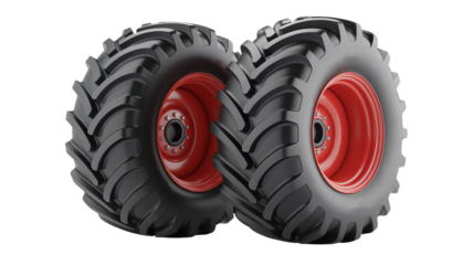 Robust agricultural tractor tires with vibrant red rims ready for tough terrain