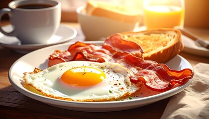 A plate displays a fried egg, bacon, toast, and coffee