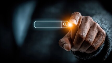 Hand with dark skin tone touching a glowing virtual search bar, symbolizing the process of finding information, searching online systems, and exploring data on the internet