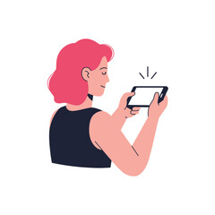 Young woman holding a smartphone in landscape orientation actively engaged with screen content showing upward arrows indicating interaction isolated on transparent background