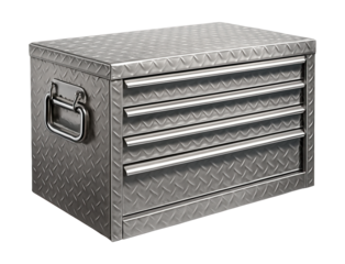 Aluminum tool chest featuring a diamond plate finish and side handles for easy transport.