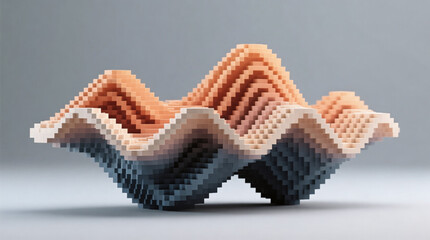 Generative voxel sculpture featuring organic wave like topology with 3D pixel density gradient on minimal gray background