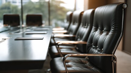 Conference room with black leather chairs and a large table near the window