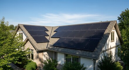 Residential house roof with multiple solar panels installed