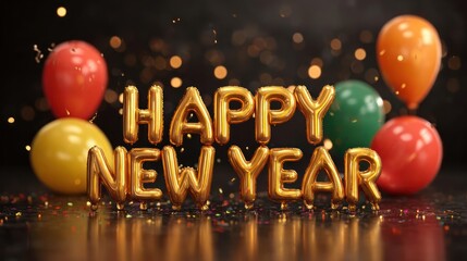 Golden happy new year foil balloons and colorful balloons with bokeh lights and confetti celebrating festive holiday