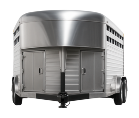 Aluminum livestock trailer with a nose cone and side access doors.