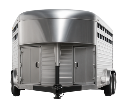 Aluminum livestock trailer with a nose cone and side access doors.