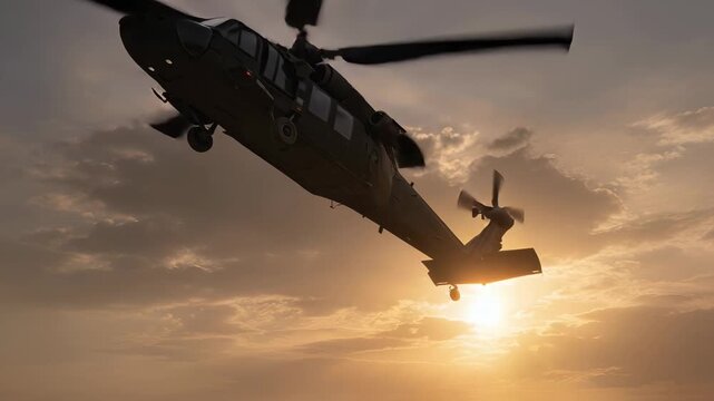 Powerful military helicopter executing low-altitude maneuver across barren desert landscape, generating massive dust cloud during intense golden hour lighting with dramatic atmospheric conditions.