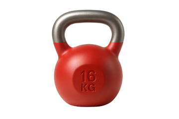 Red 16 kg kettlebell with steel handle, textured cast‑iron weight for strength training and home gym workouts, high‑detail 3D render isolated