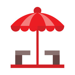 Street Caf&eacute; with Red Umbrella Vector on White Background