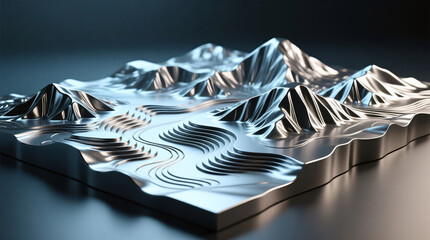 Abstract digital sculpture aesthetic calm three dimensional metallic topographic map rendered with studio lighting