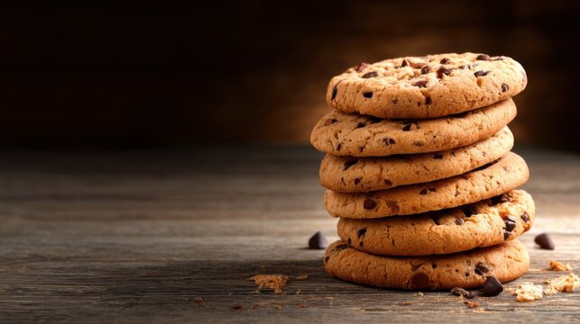 Delicious chocolate chip cookies stacked on a rustic wooden table in a cozy kitchen setting