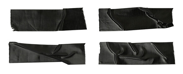Set of black adhesive tapes on a white background, black paper adhesive tape strips of different...