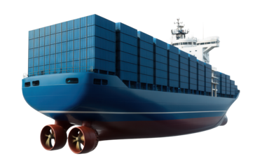 Container vessel in blue and white with prominent stern thrusters.