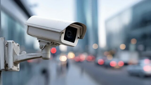 Medium shot of a hightech surveillance camera capturing clear footage in a modern security setup with dynamic urban background.