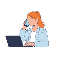 Professional woman working on laptop and talking on mobile phone businesswoman with red hair at desk multitasking and communicating effectively isolated on transparent background