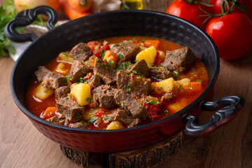 Beef goulash, soup and a stew, made of beef chuck steak, potatoes and plenty of paprika. Hungarian  traditional meal.
