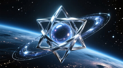 Futuristic abstract metal geometry star encapsulating a luminous cosmic sphere above Earth rendered in deep space