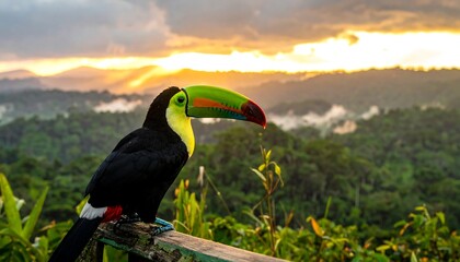 A colorful toucan perches, looking over a lush, vibrant jungle at sunset