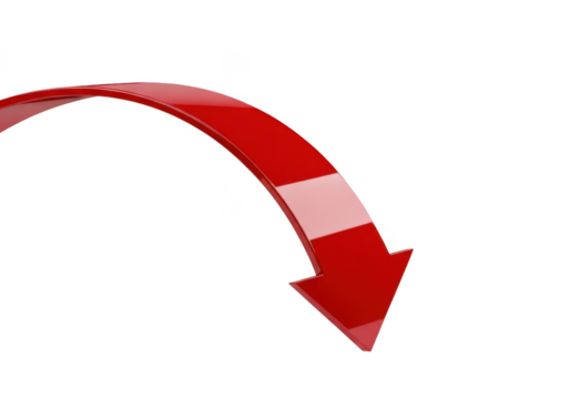 Red curved arrow pointing down isolated on transparent background