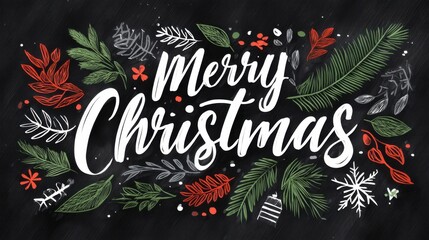 Merry Christmas greeting with festive decorations in vibrant colors on a chalkboard background