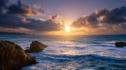 Obraz premium Dramatic coastal sunset over rocky shoreline. AI image